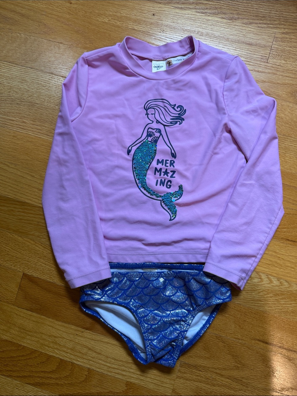OshKosh B'gosh Pink Long-Sleeve Mermaid Rashguard with Blue Scale Bottoms Sz 5